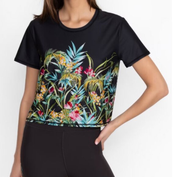 Johnny Was Tops - Johnny Was Bee Active Short Sleeve Step Hem Tee, Floral, Cropped - Womens Large